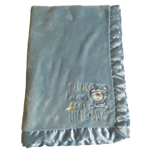 Baby Essentials Satin Trim Boy Blanket Throw Teddy Bear Embroidered Thank Heaven - Picture 2 of 6